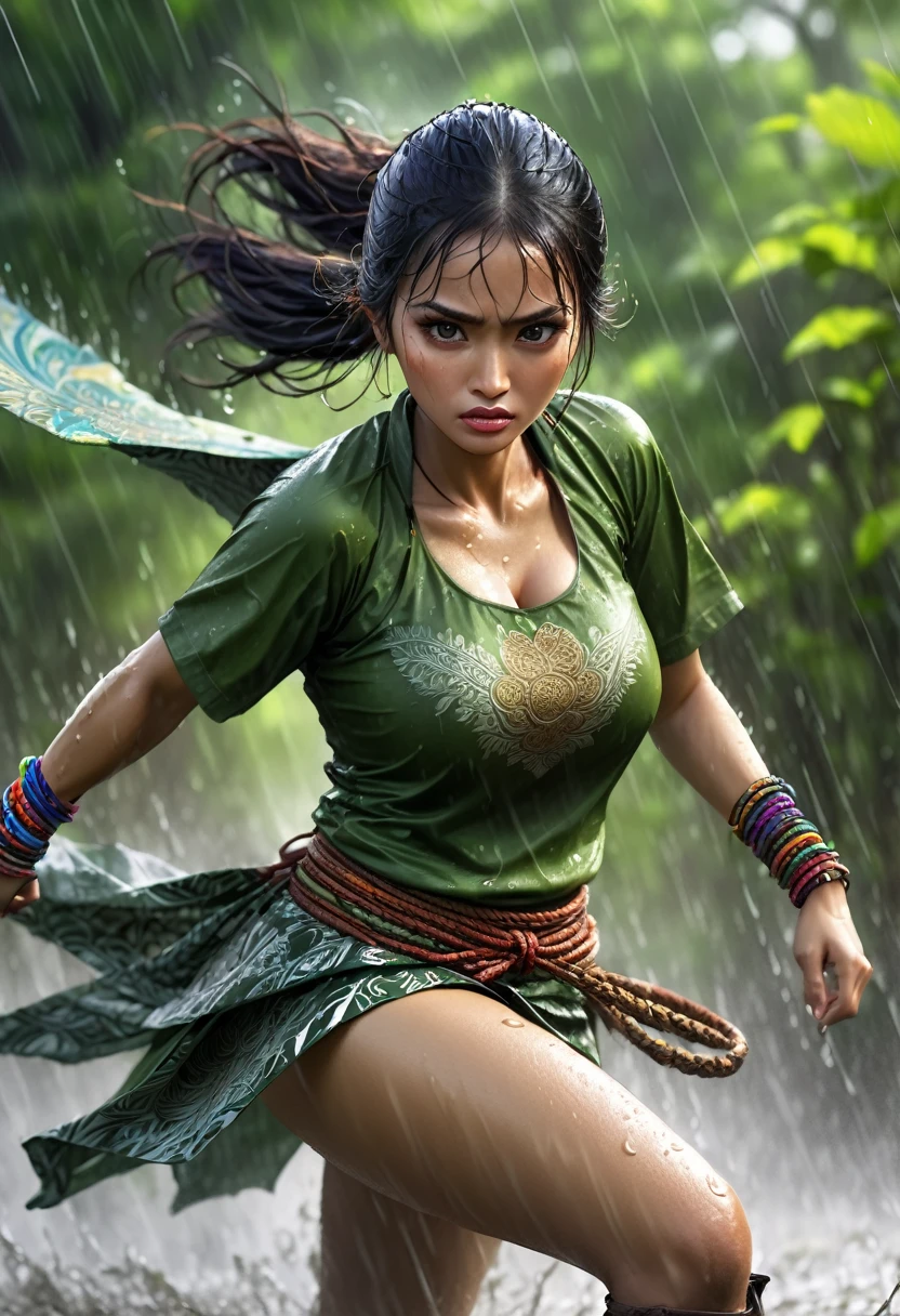 Javanese female warrior, sweaty athletic body, wearing a batik traditional cloth, grab a big sword, big breasts, hands wearing bracelets in a tense situation and under the rain, wet. green forest background with flying birds. realistic, dramatic, detailed