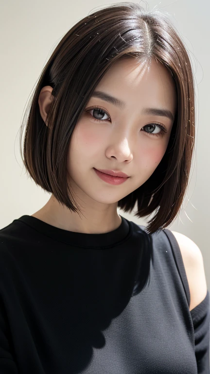 (((Close-up of face)))、(((Absolutely shoulder-length brown straight short bob)))、(((She is posing like a hair salon model, with a black wall indoors as the background.)))、(((Casual black winter long sleeves with shoulders covered)))、Half Japanese, half Korean、18 year old girl、Standing Alone、Looking forward、Light eye makeup、Brown Hair Color、Flat and 、Hair blowing in the wind、Actress Quality、Glossy, ultra-realistic face、Smiling face、Watery eyes、Gazing Up、Subtle lighting effects、 Ultra-Realistic Capture、Very detailed、High resolution 16K close up of human skin。Skin texture must be natural、The details must be such that pores can be clearly seen、The skin is healthy、Uniform tone、Use natural light and colors、A worn-out, high-quality photo taken by a model agency's in-house photographer.、smile、(((SIGMA 300 mm F/1.4,1/1000 sec shutter,ISO 400)))