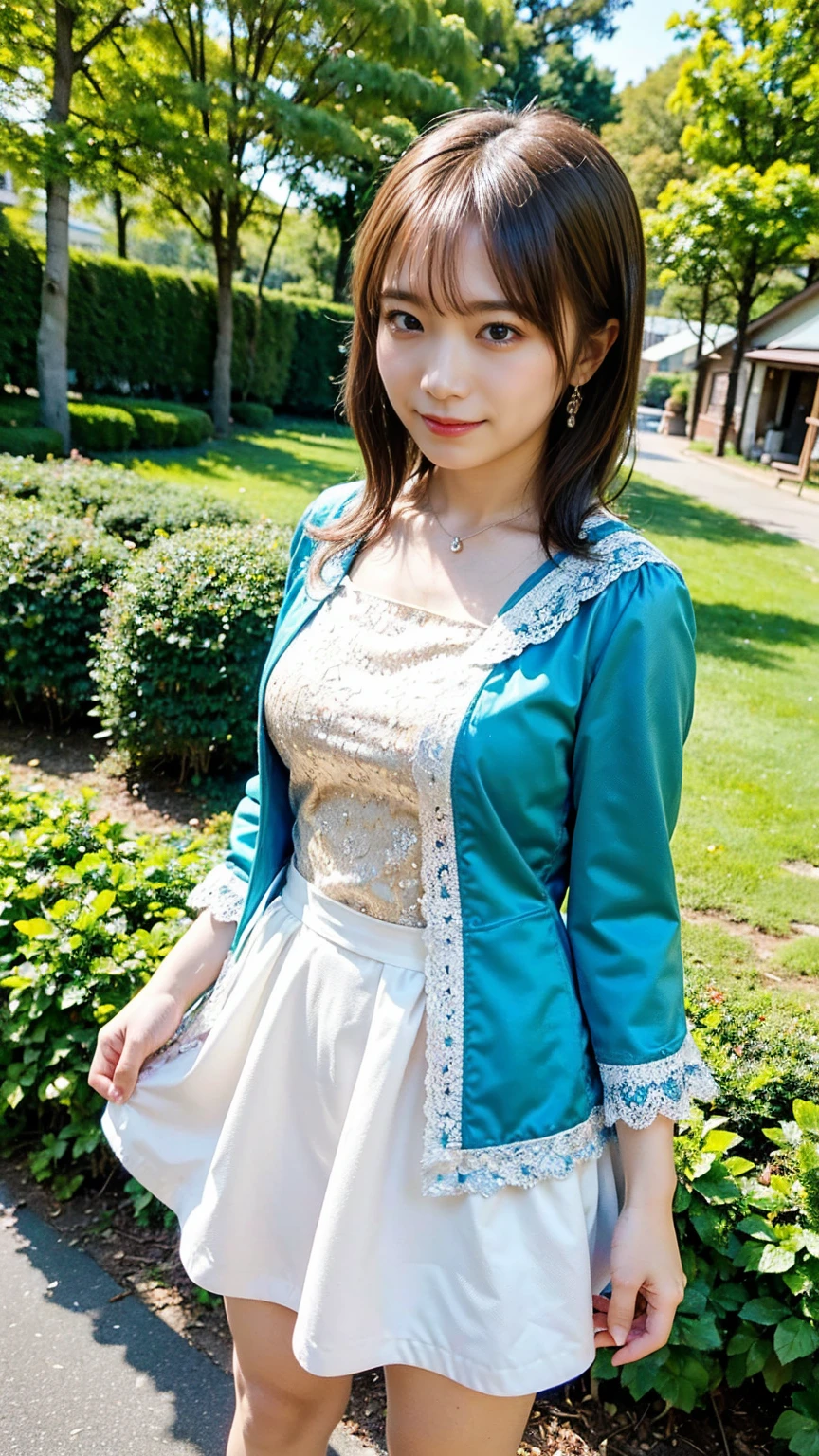 (8k、RAW Photos、highest quality、masterpiece:1.2)、(Realistic、Realistic)、1 girl、((smile、garden、one piece、mini skirt、Are standing、Large Breasts))、Lots of eyelashes、Glowing eyelids、skeletally correct