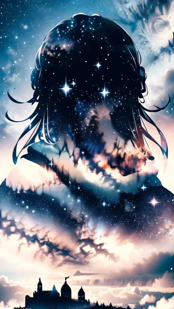 masterpiece, best quality, (silhouette:1.3), star (sky), snow,