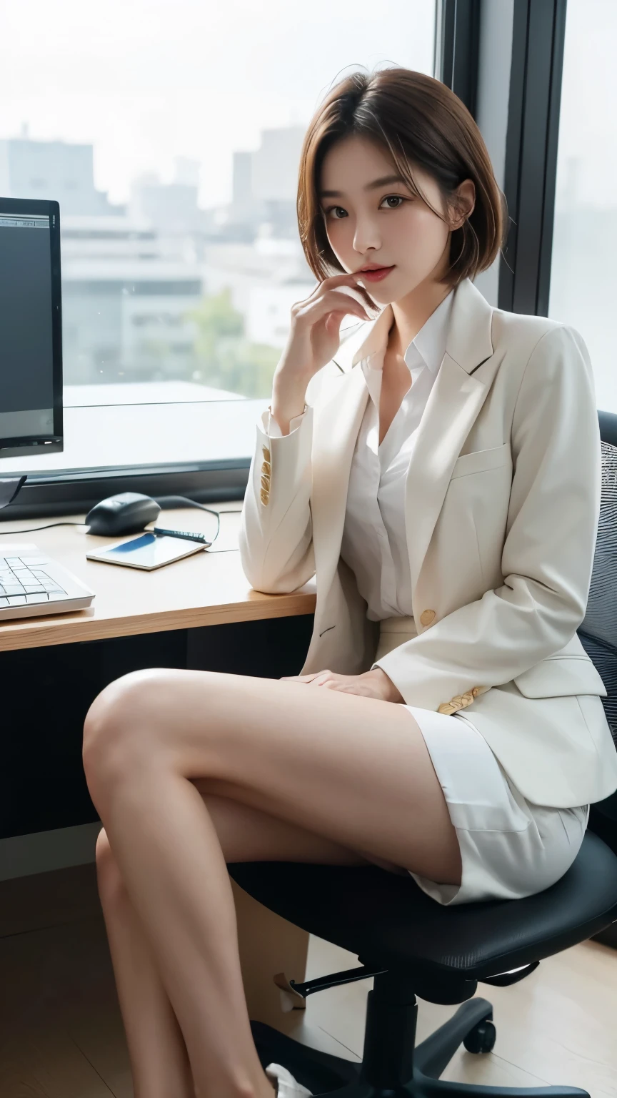 [Masterpiece,Ultra high definition,Ultra-realistic],((日本people,１people,woman,美people,Beauty,Cool Beauty)),(Bob Hair,Mocha brown hair color),(Wearing a white business suit,He is wearing a white button-up shirt under his white jacket.,Skirt Suit),(Narrow face,Slender body,seven-headed body,Small Butt,Beautiful Eyes,Beautiful Skin),office,He is sitting in a chair and working at a computer