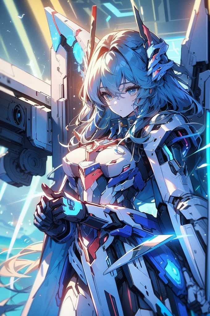 sky, clouds, holding_weapon, non_humans, glow, robot, architecture, bright_eyes, mecha, science fiction, city, reality, mecha, full body