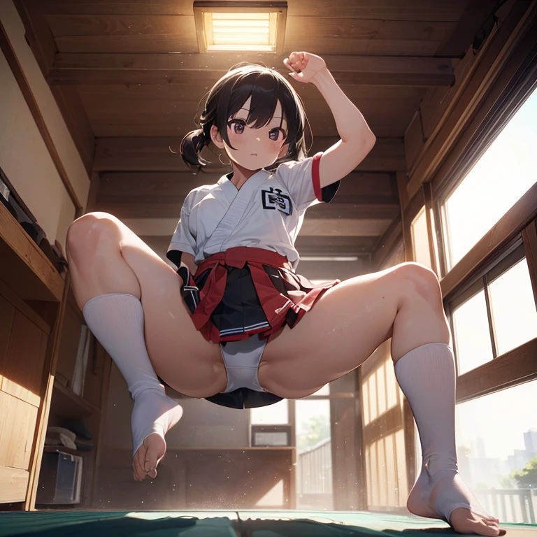 ((Girl, kick, karate uniform )) , (masterpiece, best quality, ultra detailed), (( cinematic lighting, ultra HD, 8k wallpaper, absurdres, )), (( closeup of body, )), tatami , (kicking, high kick, spreading legs, battle, ), (ceiling, ), from Below