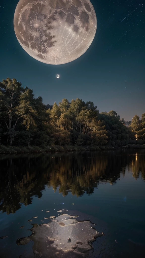 (highres,best quality,masterpiece:1.2),a beautiful landscape with a very large moon,illustration,impressive lunar surface,picturesque scenery,vivid colors,exquisite details,soft moonlight,serene atmosphere,pure nature,crystal clear lake,glowing trees,oozing tranquility,starlit sky,soothing ambience,harmony between sky and earth