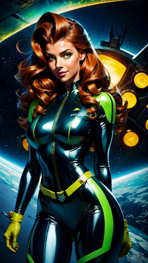 Best quality illustration, space beautiful vintage woman,LONG RED CURLY hair, looking to observer, LITTLE SHY SMILE, tight latex suit BLUE with details GREEN AND YELLOW under hi-tech armor, hi-tech gloves, militar tatical belt, spaceship scenario,difuse YELLOW lights