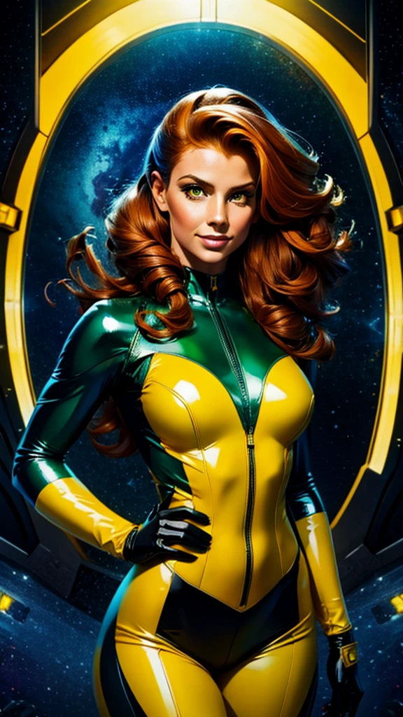 Best quality illustration, space beautiful vintage woman,LONG RED CURLY hair, looking to observer, LITTLE SHY SMILE, tight latex suit BLUE with details GREEN AND YELLOW under hi-tech armor, hi-tech gloves, militar tatical belt, spaceship scenario,difuse YELLOW lights
