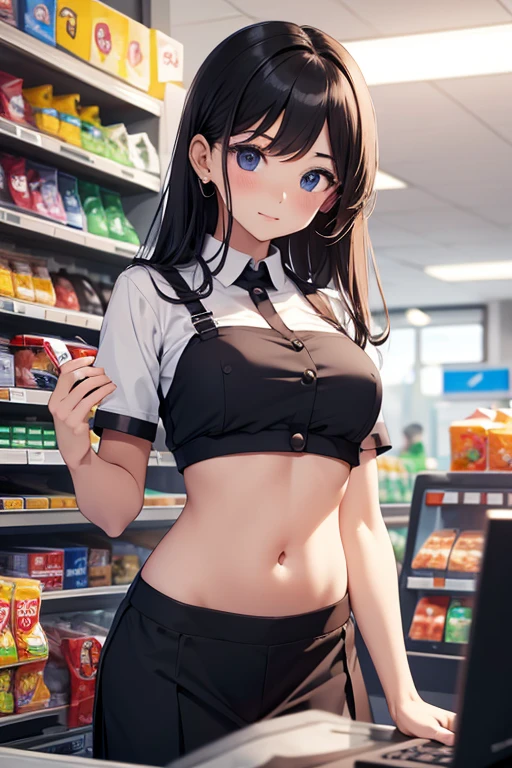 Cashier girl, crop top cashier uniform, showing navel,  convenience store, behind the cashier, 25 years old 
