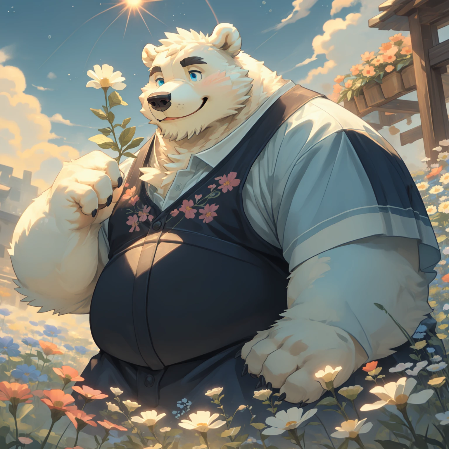 New Jersey 5 Furry,polar bear,Exquisite,Solitary,Chubby,Fat,Thick arms,Rugged muscles,White plush fur,Chubby脸,Black eyebrows,Sky blue eyes,Beard,Romanticized views, lively illustrations, Surrealism, Whimsical cartoon style, farm, Blue sky, cloud,,Floral scent,Beautiful garden(Solitary,Casual fashion, Relaxation pose, Smile)absurd, Perfect anatomical structure, Caustic lines, Movie Lighting, lens flare, Deep Shadow, Dynamic Angle,