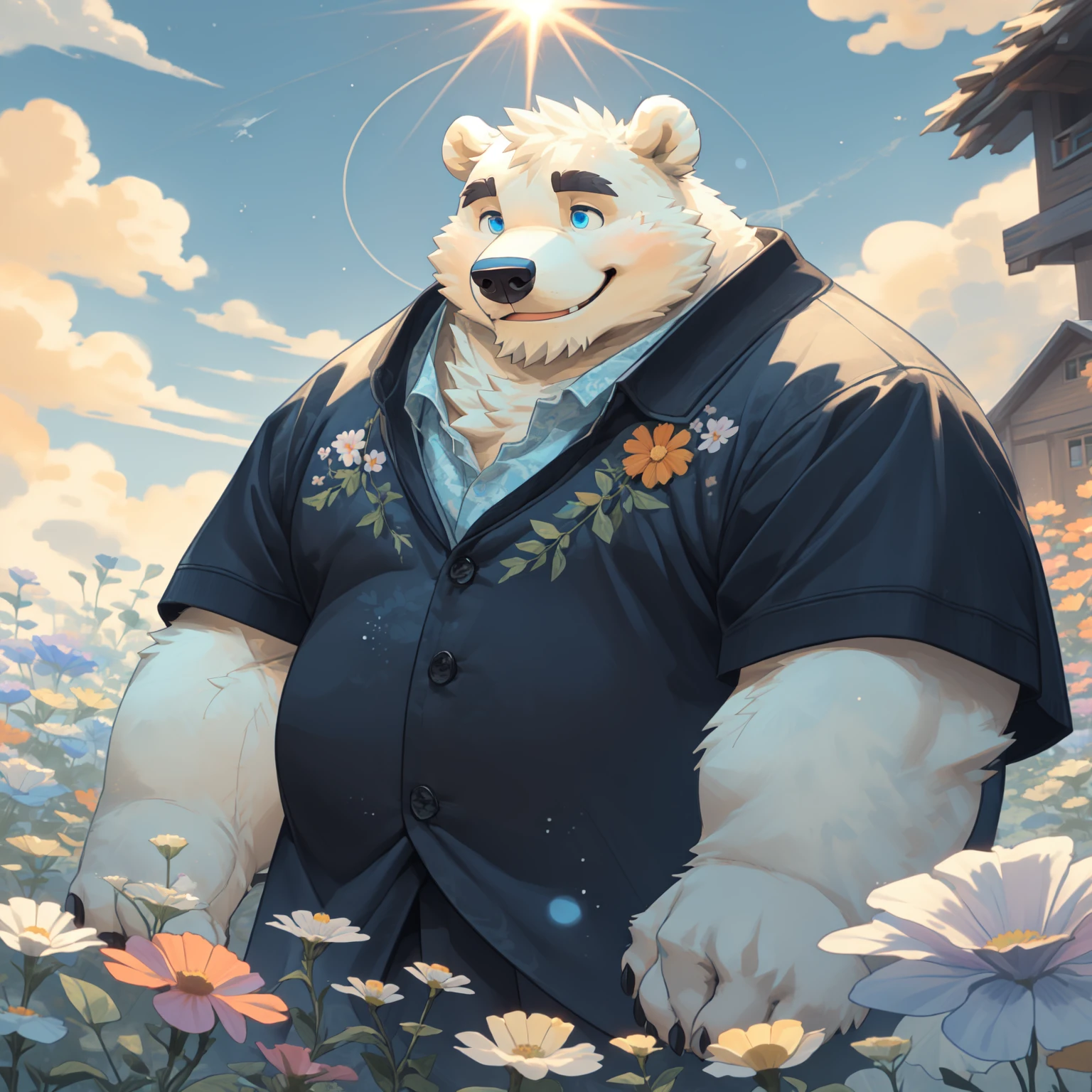 New Jersey 5 Furry，polar bear，Exquisite，Solitary，Chubby，Fat，Thick arms，Rugged muscles，White plush fur，Chubby脸，Black eyebrows，Sky blue eyes，Beard，Romanticized views, lively illustrations, Surrealism, Whimsical cartoon style, farm, Blue sky, cloud,，Floral scent，Beautiful garden(Solitary,Casual fashion, Relaxation pose, Smile)absurd, Perfect anatomical structure, Caustic lines, Movie Lighting, lens flare, Deep Shadow, Dynamic Angle,