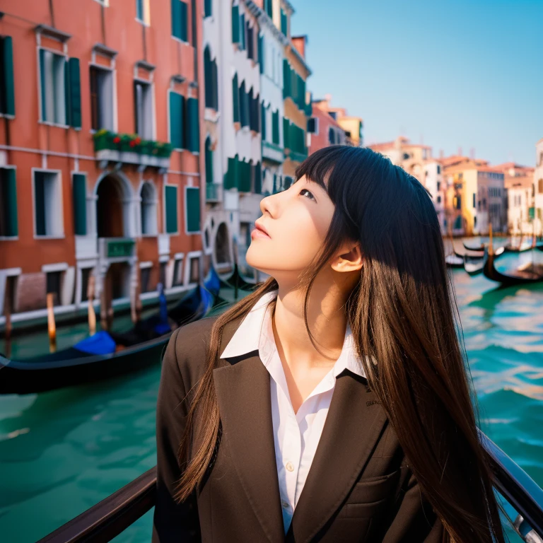 Realistically、Face-to-face Venice Gondola Cruise in Venice、A 19-year-old Japanese woman wearing a blazer uniform、Looking up at the cityscape from the boat、Sexy