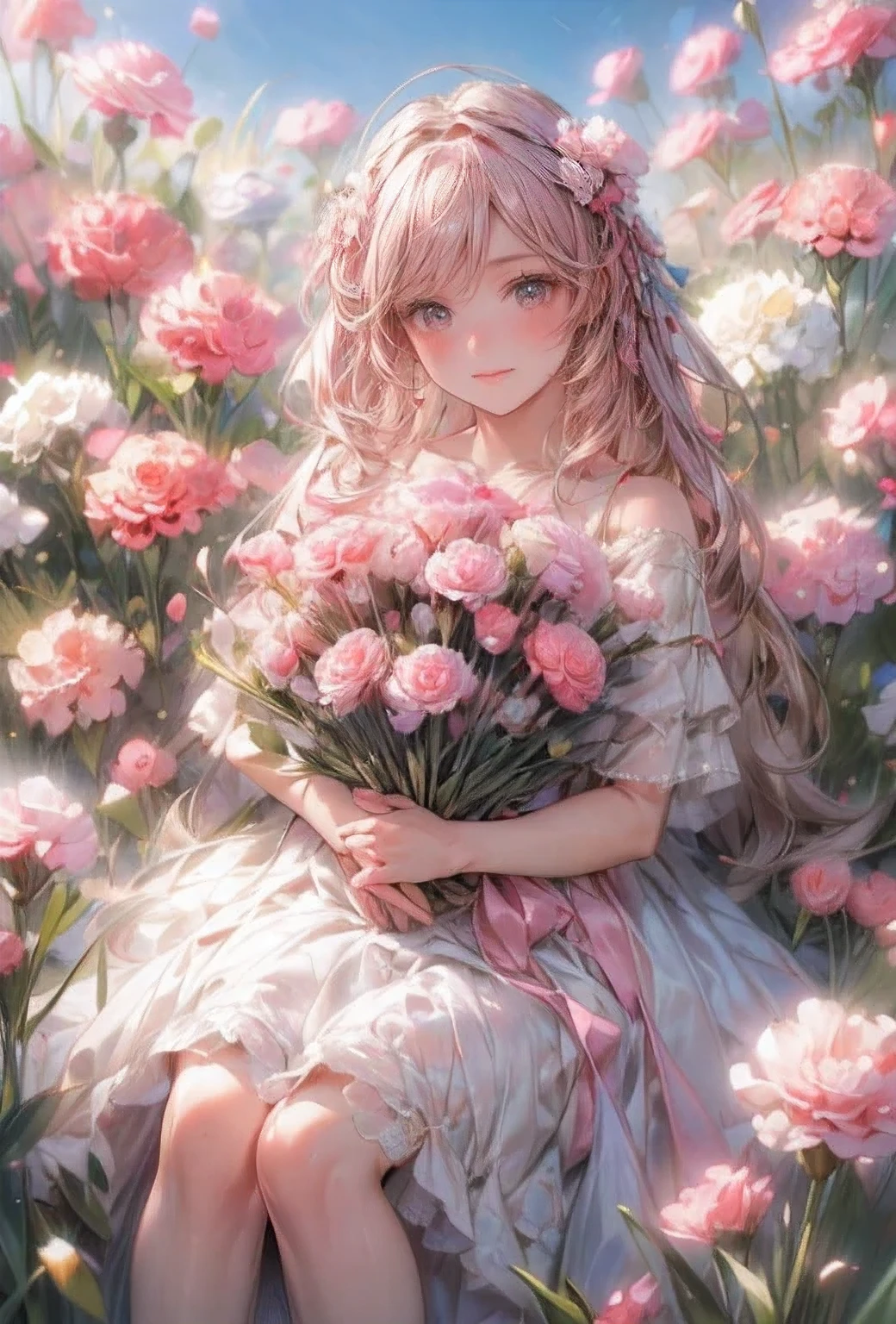 masterpiece:1.2,highest quality,16k,highres,ultra-realistic,photorealistic:1.37,beautiful detailed:1.2, carnation cute fairy girl,standing in a meadow full of carnations,holding a bouquet of carnations,meadow(colorful carnations,full of carnations,bluesky),beautiful delicate gorgeous dress with a carnation motif,Beautiful and elegant pose,gently smile,beautiful delicate(hair,face,long eyelash,eyes,pupils,lips,knee,dress),sparkling eyes,shining rosy lips,blushed cheek,through bangs,