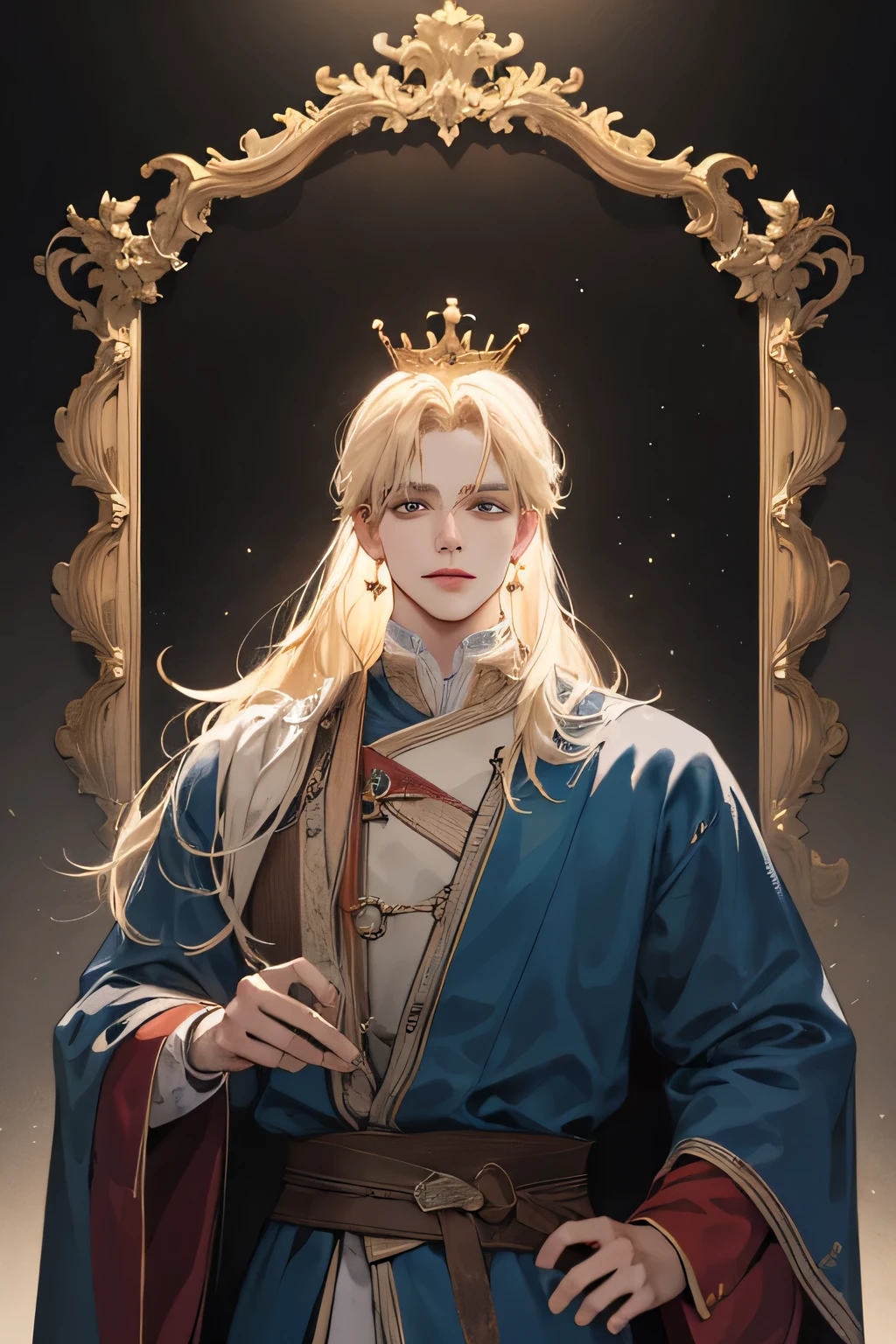 (Best quality),adult,1 man, male, mature, very tall, hot, cool, elegant and strong, long hair blonde, grey eyes, long hair blonde, medieval yunani style clothing, richly textured background, soft lighting, portrait style, painting style, deep colors, royal clothes yunani style, perfect eyes, look at camera, blue clothes, with crown king yunani romawi