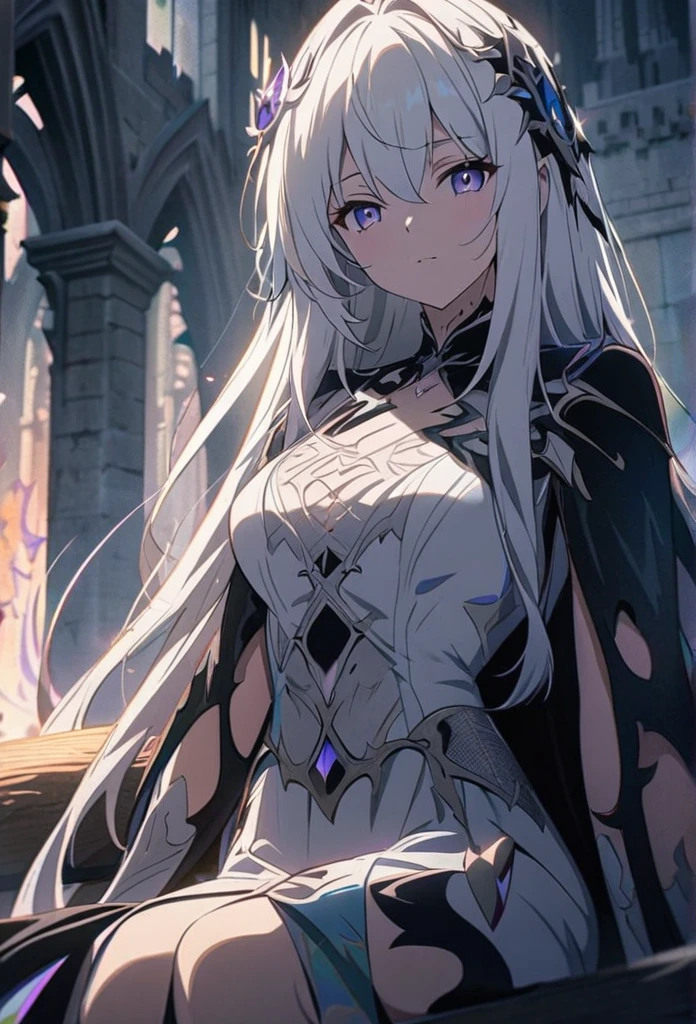 (anime girl sitting on a bench in front of a castle), Yang J's anime drawing, pixiv's gothic art, seductive anime girl, perfect white-haired girl, gothic maiden anime girl, beautiful alluring anime woman, white-haired deity, girl with white hair, white-haired, beautiful anime girl, white-haired lady, beautiful anime woman, [gothic architecture], [detailed castle], [moody atmosphere], [lush greenery], [serene expression], [elegant pose], [ethereal beauty], [soft lighting], (best quality,4k,8k,highres,masterpiece:1.2), ultra-detailed, [vivid colors], [dreamlike ambiance], [melancholic setting], [intricate costume], [subtle shadows], [magical vibe], [captivating gaze], (fantasy), (anime style), [pastel color palette], [mysterious aura], [artistic composition]