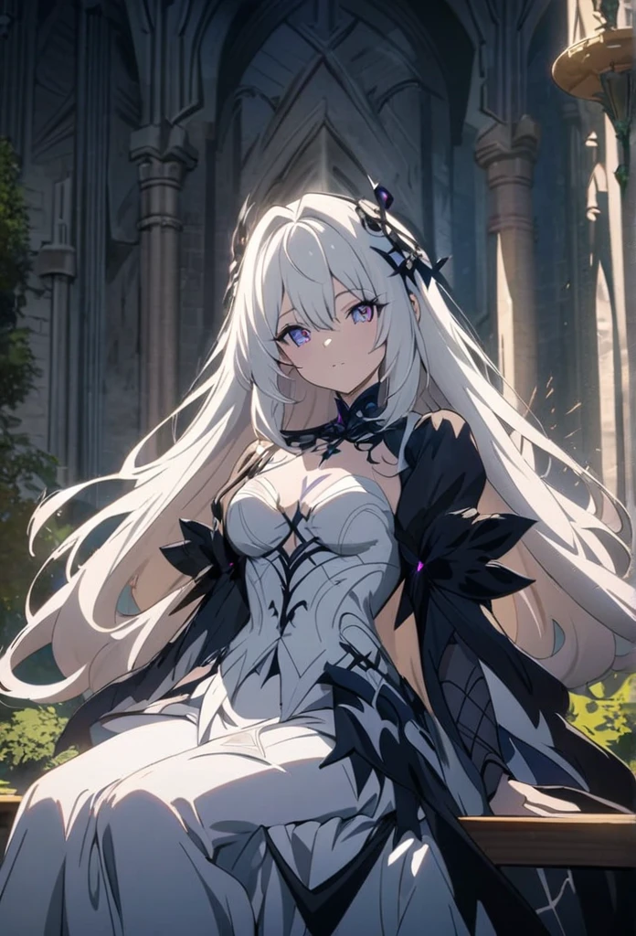 (anime girl sitting on a bench in front of a castle), Yang J's anime drawing, pixiv's gothic art, seductive anime girl, perfect white-haired girl, gothic maiden anime girl, beautiful alluring anime woman, white-haired deity, girl with white hair, white-haired, beautiful anime girl, white-haired lady, beautiful anime woman, [gothic architecture], [detailed castle], [moody atmosphere], [lush greenery], [serene expression], [elegant pose], [ethereal beauty], [soft lighting], (best quality,4k,8k,highres,masterpiece:1.2), ultra-detailed, [vivid colors], [dreamlike ambiance], [melancholic setting], [intricate costume], [subtle shadows], [magical vibe], [captivating gaze], (fantasy), (anime style), [pastel color palette], [mysterious aura], [artistic composition]