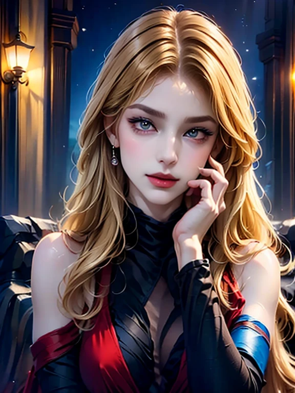 Alpha like male wearing a black suit, blonde hair and blue eyes touching the face of a woman wearing a red dress with red hair and amber eyes.