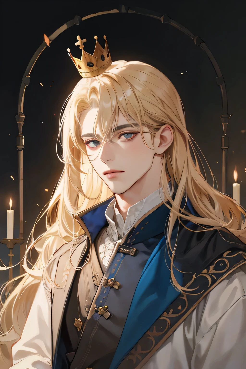 (Best quality),adult,1 man, male, mature, very tall, hot, cool, elegant and strong, long hair blonde, grey eyes, long hair blonde, medieval yunani style clothing, richly textured background, soft lighting, portrait style, painting style, deep colors, royal clothes yunani style, perfect eyes, look at camera, blue clothes, with crown king yunani romawi