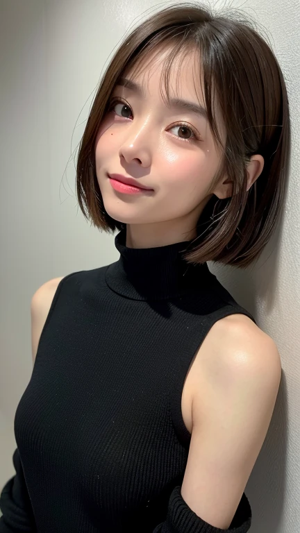 (((Close-up of face)))、(((Absolutely shoulder-length brown straight short bob)))、(((She is posing like a hair salon model, with a black wall indoors as the background.)))、(((Casual black winter long sleeves with shoulders covered)))、Half Japanese, half Korean、18 year old girl、Standing Alone、Looking forward、Light eye makeup、Brown Hair Color、Flat and 、Hair blowing in the wind、Actress Quality、Glossy, ultra-realistic face、Smiling face、Watery eyes、Gazing Up、Subtle lighting effects、 Ultra-Realistic Capture、Very detailed、High resolution 16K close up of human skin。Skin texture must be natural、The details must be such that pores can be clearly seen、The skin is healthy、Uniform tone、Use natural light and colors、A worn-out, high-quality photo taken by a model agency&#39;s in-house photographer.、smile、(((SIGMA 300 mm F/1.4,1/1000 sec shutter,ISO 400))) 