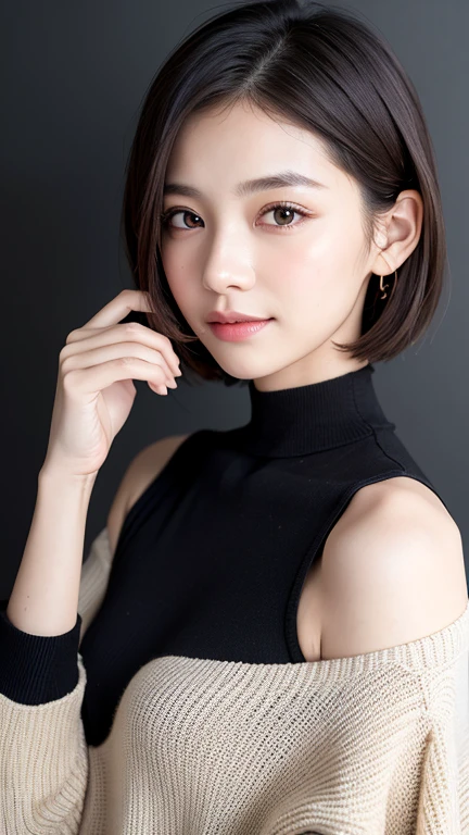 (((Close-up of face)))、(((Absolutely shoulder-length brown straight short bob)))、(((She is posing like a hair salon model, with a black wall indoors as the background.)))、(((Casual black winter long sleeves with shoulders covered)))、Half Japanese, half Korean、18 year old girl、Standing Alone、Looking forward、Light eye makeup、Brown Hair Color、Flat and 、Hair blowing in the wind、Actress Quality、Glossy, ultra-realistic face、Smiling face、Watery eyes、Gazing Up、Subtle lighting effects、 Ultra-Realistic Capture、Very detailed、High resolution 16K close up of human skin。Skin texture must be natural、The details must be such that pores can be clearly seen、The skin is healthy、Uniform tone、Use natural light and colors、A worn-out, high-quality photo taken by a model agency&#39;s in-house photographer.、smile、(((SIGMA 300 mm F/1.4,1/1000 sec shutter,ISO 400))) 