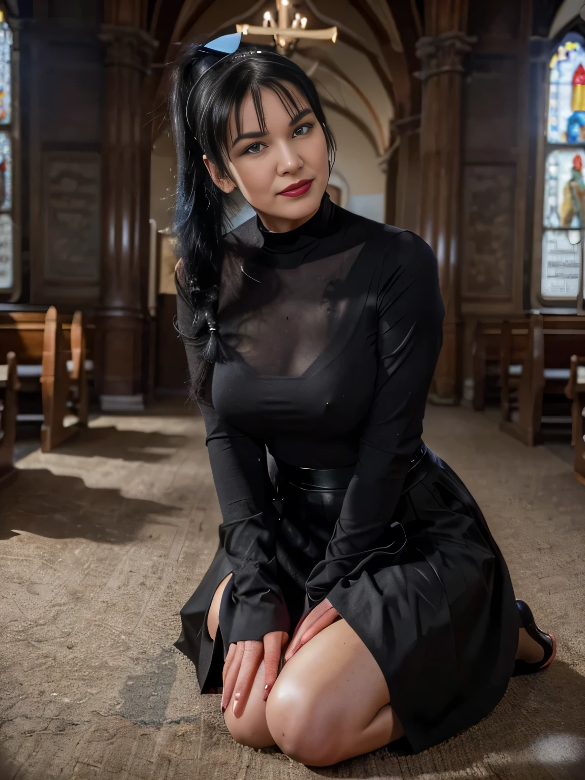 45 years old smiling Bettie page Nun ,(( ponytail Black hair)), (( incredible clear blue eyes)), flirting with the camera, red lipstick,joli maquillage naturel, wearing elegant nun cloth clothing, cape, black long maxi-skirt (black long maxi-skirt:1.2)) flirting with the camera, ((black gloves)), ((praying on her knees, hands joined togehther,, in front of me in a old church)), ultra realistic, art conceptuel, elegant, Very detailed, complexe, sharp Focus, depth oF Field, F/1. 8, 85mm, (((proFessionally color graded))), bright soFt diFFused light, (volumetric Fog), tendance sur Instagram, hdr 4k, 8K