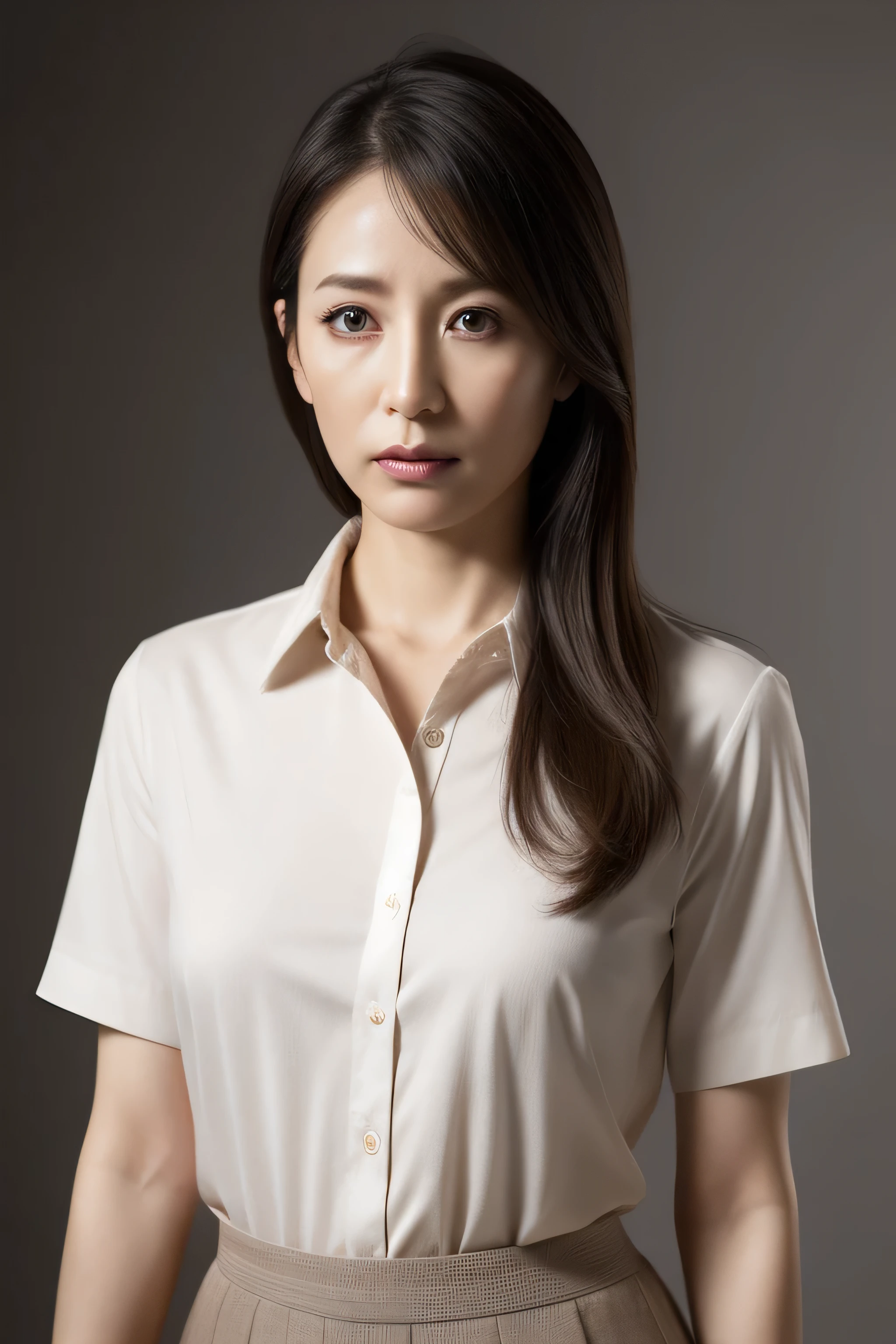 Ultra-high resolution, masterpiece, Rough skin, Very detailed, Photorealistic, Professional Lighting, Depth of written border, sharp,
Gray background, (Japanese Mature, 38 years old), Sexy Woman, Detailed face, Beautiful Eyes, bangs, Shapely small breasts, Light brown long straight hair, Faint lips, ((Stand in front、View your viewers, Serious face eyes.)), Buttoned shirt, skirt, Full body photo, Cowboy Shot