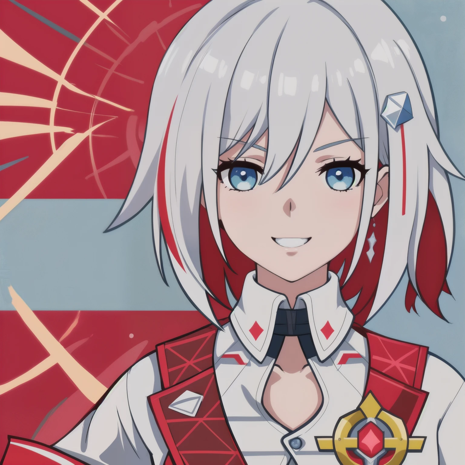 anime girl, wide smile, teeth, white hair, blue eyes, white shirt, red highlights, topaz, honkai star rail, 1girl, masterpiece, (beautiful and aesthetic:1. 5), thick black lineart, clean lineart, perfect lineart, variable lineart, thick lineart, clean anime outlines, intense line art, bold lineart, sharp lineart, heavy lineart, line art, best quality, high quality, high details, super detail, anatomically correct, best quality, ultra-detailed, colourful, saturated colours, dynamic lighting, HD,