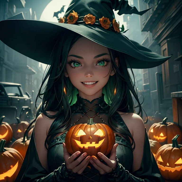 masterpiece, best quality, 8K wallpaper, HDR, octane rendering. (A girl, Halloween costume, jack-o'-lantern, Human), black witch hat, (surrounded by skeletons), autumn season, pumpkins, dynamic angle, dark, fog, horror theme lighting , abandoned city, in the background, detailed landscape, medium layer hair, shiny black hair:1.3), (beautiful and detailed face with perfect symmetry), (beautiful and detailed green eyes:1.3), (smile, teeth:1.2), (body with perfect anatomy, perfect natural texture, high details, glowing skin) cinematic lighting, vivid colors, detailed illustration, depth of field.