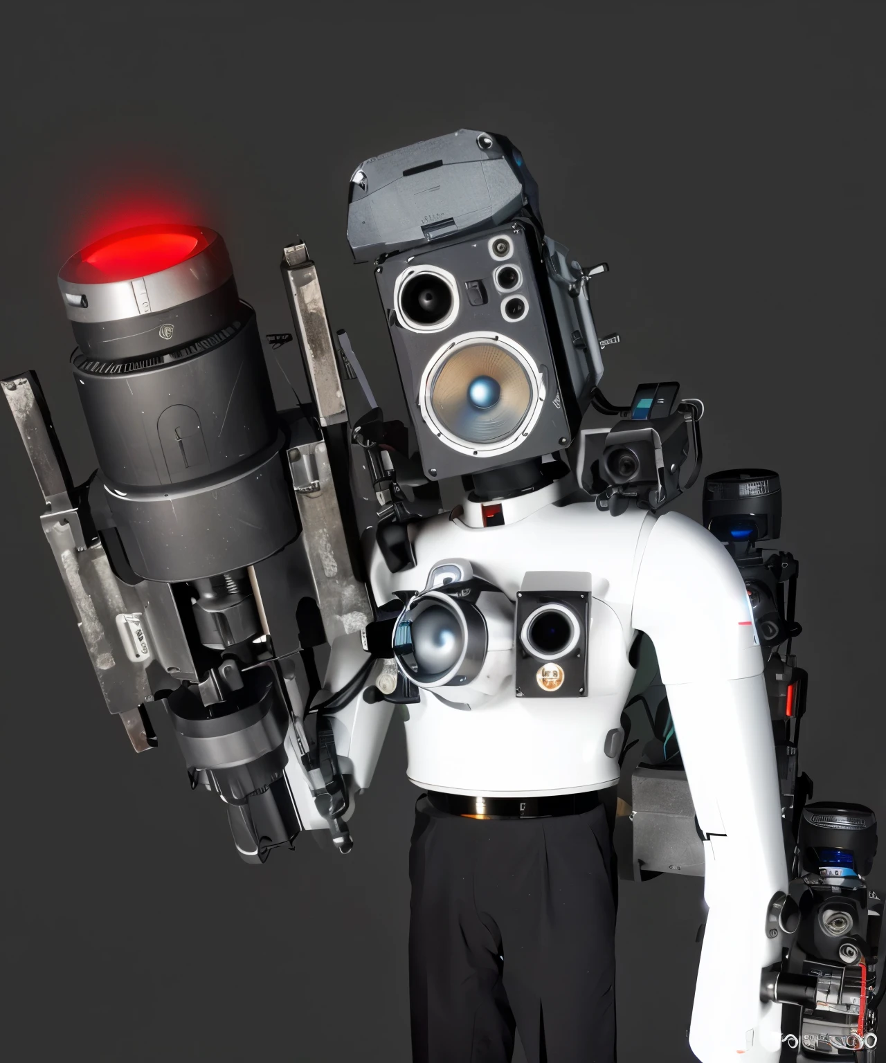 A robot with a human body, a man with a speaker head and cinema cameras on both shoulders