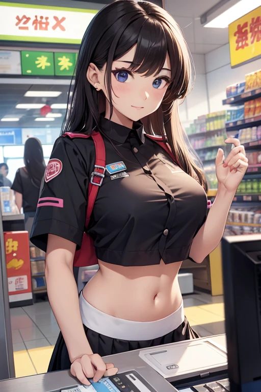 Cashier girl, crop top cashier uniform, showing navel, convenience store, behind the cashier,