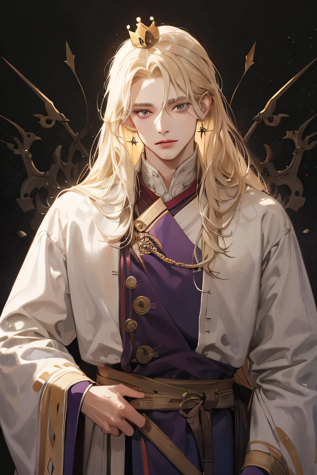 (Best quality),adult,1 man, male, mature, very tall, hot, cool, elegant and strong, long hair blonde, grey eyes, long hair blonde, medieval yunani style clothing, richly textured background, soft lighting, portrait style, painting style, deep colors, royal clothes yunani style, perfect eyes, look at camera, purple clothes, with crown king yunani romawi