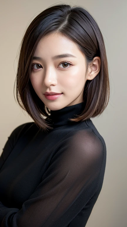 (((Close-up of face)))、(((Absolutely shoulder-length brown straight short bob)))、(((She is posing like a hair salon model, with a black wall indoors as the background.)))、(((Casual black winter long sleeves with shoulders covered)))、Half Japanese, half Korean、18 year old girl、Standing Alone、Looking forward、Light eye makeup、Brown Hair Color、Flat and 、Hair blowing in the wind、Actress Quality、Glossy, ultra-realistic face、Smiling face、Watery eyes、Gazing Up、Subtle lighting effects、 Ultra-Realistic Capture、Very detailed、High resolution 16K close up of human skin。Skin texture must be natural、The details must be such that pores can be clearly seen、The skin is healthy、Uniform tone、Use natural light and colors、A worn-out, high-quality photo taken by a model agency&#39;s in-house photographer.、smile、(((SIGMA 300 mm F/1.4,1/1000 sec shutter,ISO 400))) 