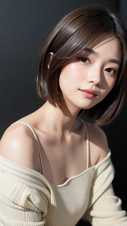 (((Close-up of face)))、(((Absolutely shoulder-length brown straight short bob)))、(((She is posing like a hair salon model, with a black wall indoors as the background.)))、(((Casual black winter long sleeves with shoulders covered)))、Half Japanese, half Korean、18 year old girl、Standing Alone、Looking forward、Light eye makeup、Brown Hair Color、Flat and 、Hair blowing in the wind、Actress Quality、Glossy, ultra-realistic face、Smiling face、Watery eyes、Gazing Up、Subtle lighting effects、 Ultra-Realistic Capture、Very detailed、High resolution 16K close up of human skin。Skin texture must be natural、The details must be such that pores can be clearly seen、The skin is healthy、Uniform tone、Use natural light and colors、A worn-out, high-quality photo taken by a model agency's in-house photographer.、smile、(((SIGMA 300 mm F/1.4,1/1000 sec shutter,ISO 400)))
