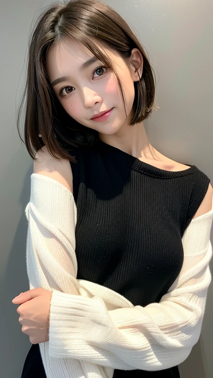 (((Close-up of face)))、(((Absolutely shoulder-length brown straight short bob)))、(((She is posing like a hair salon model, with a black wall indoors as the background.)))、(((Casual black winter long sleeves with shoulders covered)))、Half Japanese, half Korean、18 year old girl、Standing Alone、Looking forward、Light eye makeup、Brown Hair Color、Flat and 、Hair blowing in the wind、Actress Quality、Glossy, ultra-realistic face、Smiling face、Watery eyes、Gazing Up、Subtle lighting effects、 Ultra-Realistic Capture、Very detailed、High resolution 16K close up of human skin。Skin texture must be natural、The details must be such that pores can be clearly seen、The skin is healthy、Uniform tone、Use natural light and colors、A worn-out, high-quality photo taken by a model agency's in-house photographer.、smile、(((SIGMA 300 mm F/1.4,1/1000 sec shutter,ISO 400)))