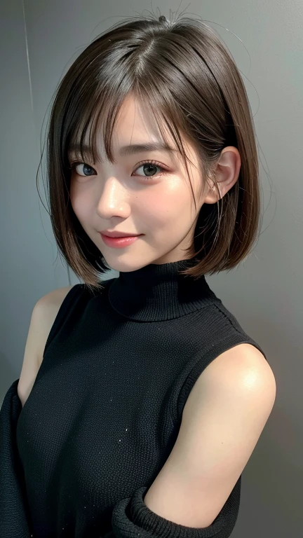 (((Close-up of face)))、(((Absolutely shoulder-length brown straight short bob)))、(((She is posing like a hair salon model, with a black wall indoors as the background.)))、(((Casual black winter long sleeves with shoulders covered)))、Half Japanese, half Korean、18 year old girl、Standing Alone、Looking forward、Light eye makeup、Brown Hair Color、Flat and 、Hair blowing in the wind、Actress Quality、Glossy, ultra-realistic face、Smiling face、Watery eyes、Gazing Up、Subtle lighting effects、 Ultra-Realistic Capture、Very detailed、High resolution 16K close up of human skin。Skin texture must be natural、The details must be such that pores can be clearly seen、The skin is healthy、Uniform tone、Use natural light and colors、A worn-out, high-quality photo taken by a model agency's in-house photographer.、smile、(((SIGMA 300 mm F/1.4,1/1000 sec shutter,ISO 400)))