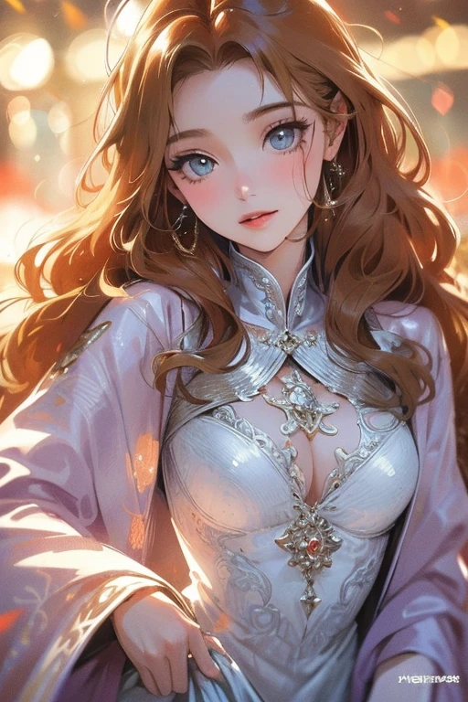 High resolution, highest quality, Wearing a gorgeous dress,Big bright eyes, Bright and vibrant curls, Rosy Cheeks, Soft Light, Very detailed,Beautiful, gentle and bright expression, shiny blonde silky hair