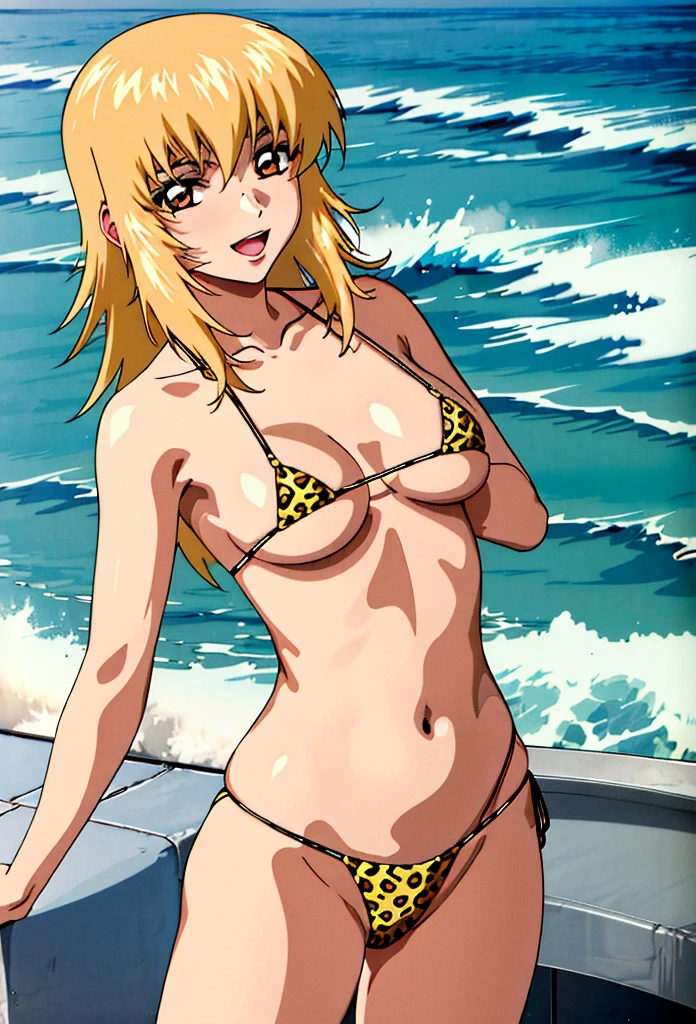 (masterpiece, 4K, highest quality, anime style: 1.9, Detailed face, Lovely, Ocean,Bold Line, High resolution, anime, Lake 4. alone, Curvaceous, Thighs, Cleavage, Medium Chest, smile, Please open your mouth wide, Very slim belly, Cowboy Shot, Leopard print micro bikini,1 girl,Blonde, Brown eyes,Cagalli Yula Athha