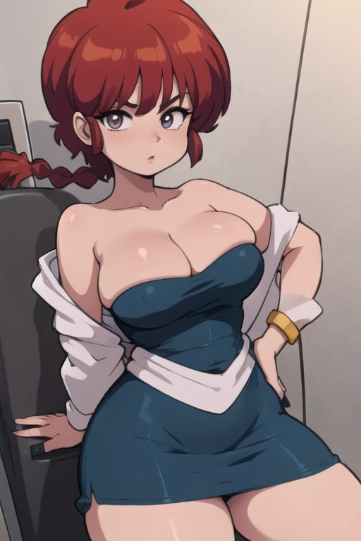 RanmaChan, cabello rojo, Cabello con trenza, ojos azules, ojos detallados, cuerpo completo, lindo, Short tube dress, Cleavage Bulge