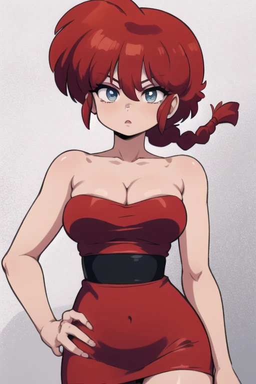 RanmaChan, cabello rojo, Cabello con trenza, ojos azules, ojos detallados, cuerpo completo, lindo, Short tube dress, Cleavage Bulge