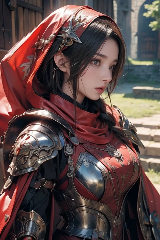 Wearing a hijab and dimples, Around 17 years old, (Plain red hijab), masterpiece,The best quality at its best,High resolution,8k,((Portraiture)),(Head close-up),Original photo,Actual photo,Digital photography,(Medieval fantasy female adventurer),(Fantasy medieval valkyrie),18-year-old girl,(Black and red hair gradation),green短发,Red Airou and white gradient short hair,green),(Huge round breasts),Lavish décor,Lips parted,Make your lips look more attractive and glamorous,((Blushing)),Arrogant contempt,calm and handsome,(Medieval Fantasy Battle Suit,joint armor,Lightweight Leather Protection,Beautiful magic badge,Medieval armor made of leather and gold,Delicate pattern,Cape),(Woman warrior),Photo pose,medieval character medieval fantasy style,Background of the ancient city,oc rendering reflection texture, Super sexy
