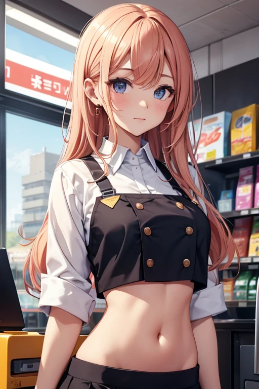 Cashier girl, crop top cashier uniform, showing navel,  convenience store, behind the cashier, 