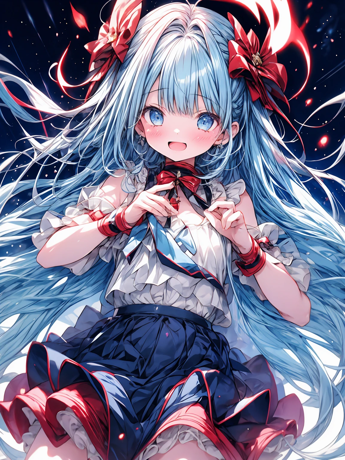 Masterpiece, best quality, extremely detailed, (illustration, official art: 1.1), (((((1 girl))))), ((light blue long hair))), light blue hair, 10 years old, ((blush)), cute face, big eyes, tareme, masterpiece, best quality, ((a very delicate and beautiful girl)))), , girl,amazing, beautiful detailed eyes, blunt bangs (((little delicate girl)))), tareme (true beautiful: 1.2),, and sweet,(Composition looking up from a low position)、,1girl,, ,flat chest,A girl, Black T-shirt, Red skirt, pencil skirts, Show off her terrifying power in battle, Defeat the forces of the Thousand Demon and the Unification Sect, Li Gu's movements were as fast as lightning, Hand-held weapons for devastating blows, The soldiers of the Fan Demon Alliance and the Unification Sect were vulnerable in front of him, Unable to withstand his terrible power, , 32K, Best quality, Masterpiece, Super detailed, High resolution, high detail