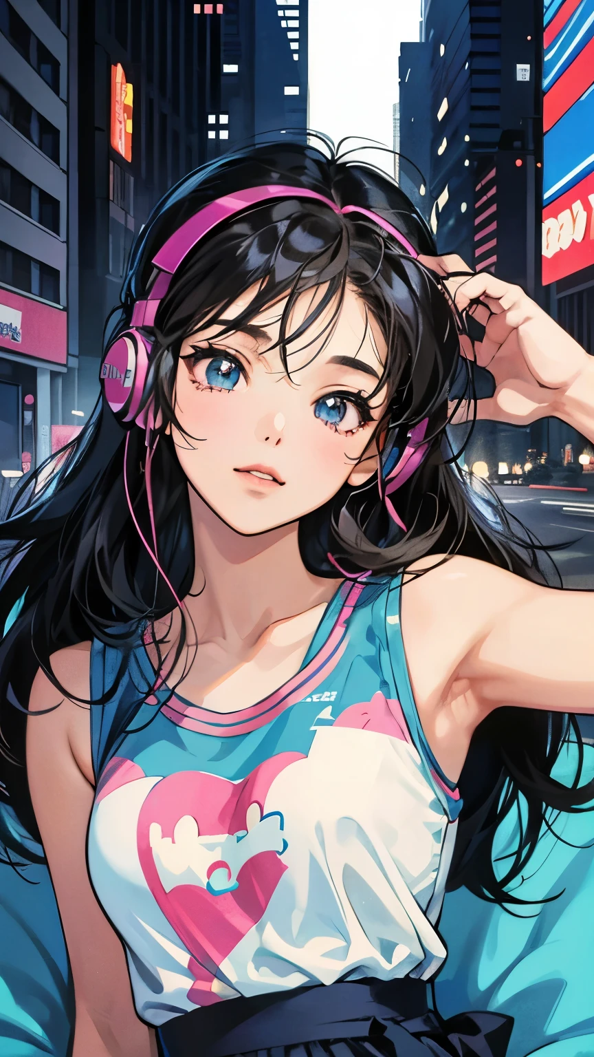 Generate an anime-style image evoking the atmosphere of 1980s city pop culture. Picture a simple scene featuring a girl lying on a bed, wearing headphones, and listening to music. The setting should reflect the urban vibe of the 1980s, with vibrant colors and retro aesthetics. The girl should have a relaxed expression, lost in the music, while the background includes elements like neon lights, cityscape, or cassette tapes, reminiscent of the era. The overall tone should be nostalgic and upbeat, capturing the essence of the city pop era.