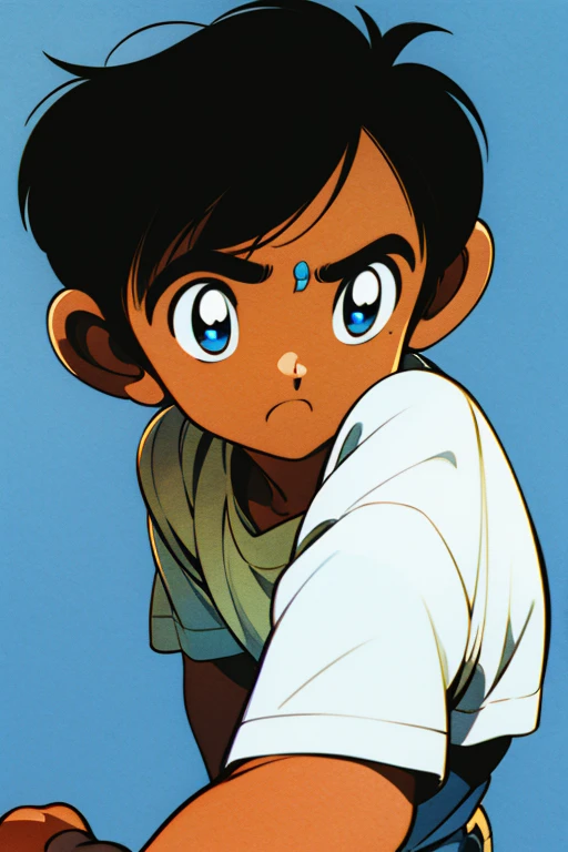 cute 12-years-old indian kid boy, dark brown skin, (((blue eyes))), white social shirt