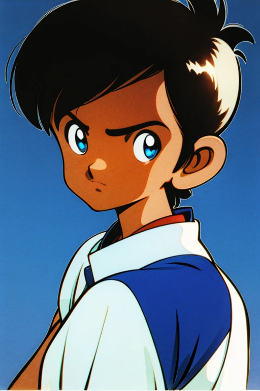 cute 12-years-old indian kid boy, dark brown skin, (((blue eyes))), white social shirt