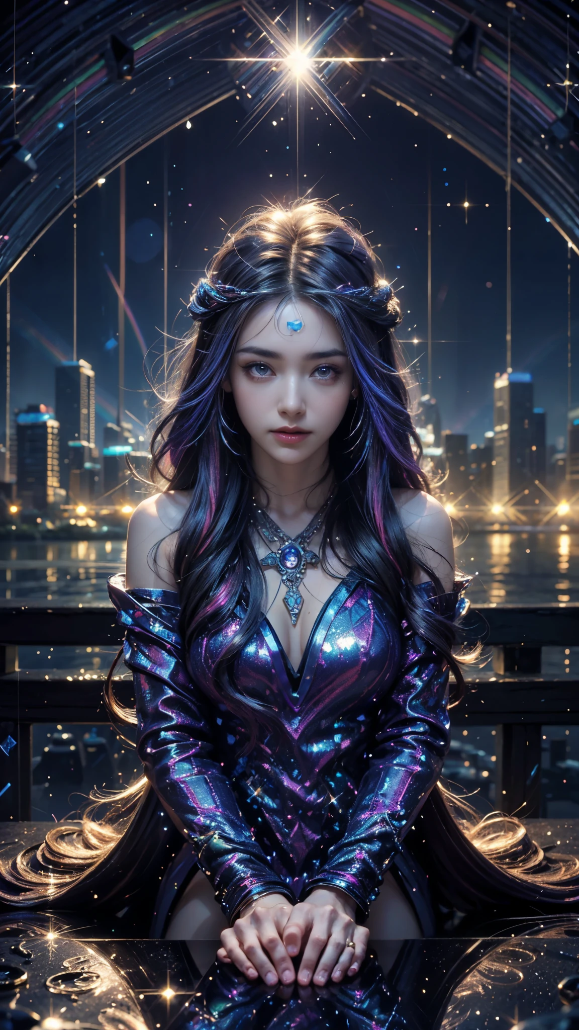 4k, UHD, masterpiece, 1 girl, good face, ((detailed eyes)), very long hair, impressive hairstyle, perfect brasts, fantasy clothing, ((rainbow clothing)), (strips:1.3), night city, building, lamps, depth of field, reflection light, ((sparkle)), chromatic aberration,