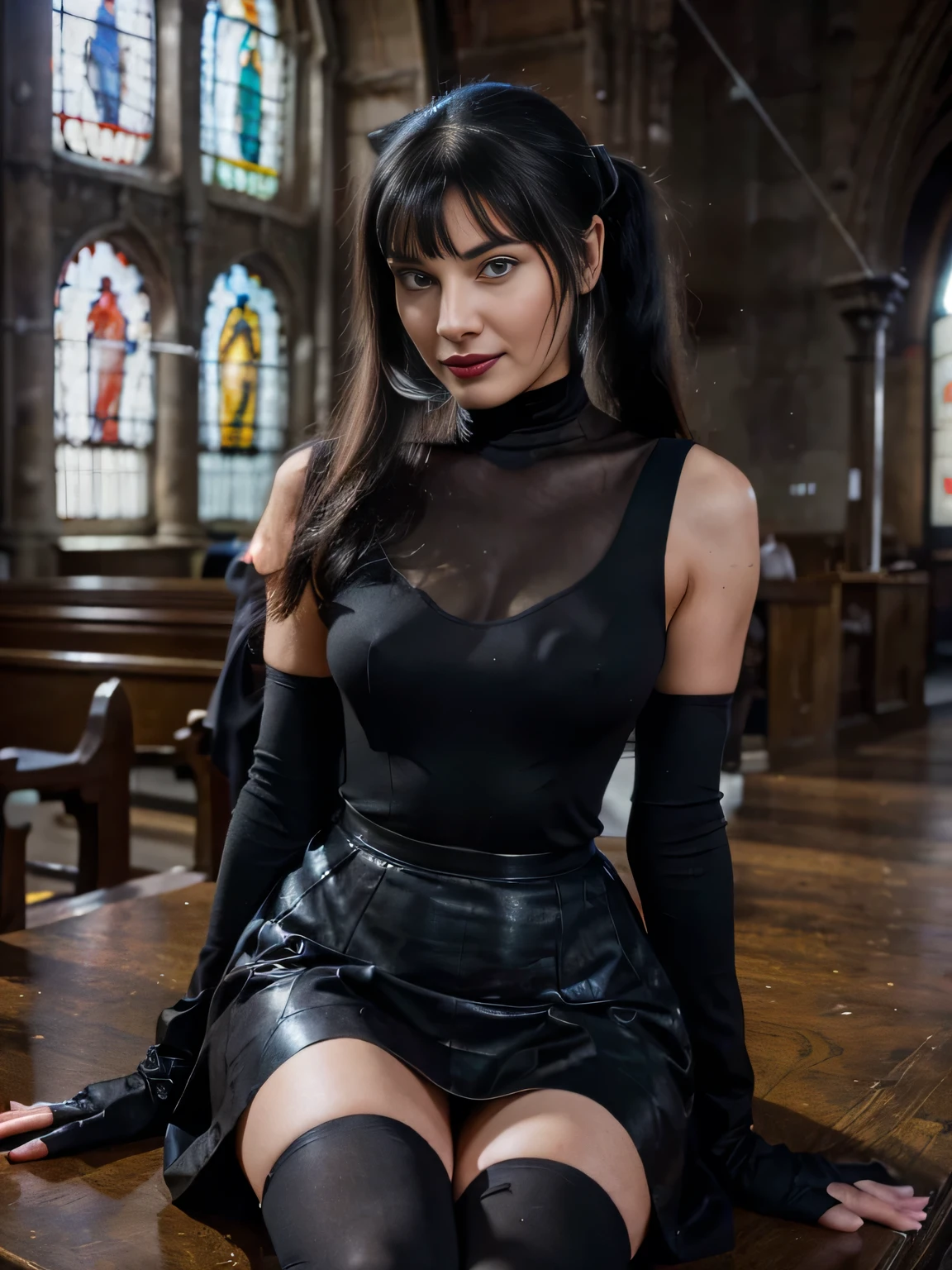45 years old smiling Bettie page Nun ,(( ponytail Black hair)), (( incredible clear blue eyes)), flirting with the camera, red lipstick,joli maquillage naturel, wearing elegant nun cloth clothing, cape, black long maxi-skirt (black long maxi-skirt:1.2)) flirting with the camera, ((surgical black  gloves)), ((sitting on the altar, cleaning her boots,in front of me in a old church)), ultra realistic, art conceptuel, elegant, Very detailed, complexe, sharp Focus, depth oF Field, F/1. 8, 85mm, (((proFessionally color graded))), bright soFt diFFused light, (volumetric Fog), tendance sur Instagram, hdr 4k, 8K