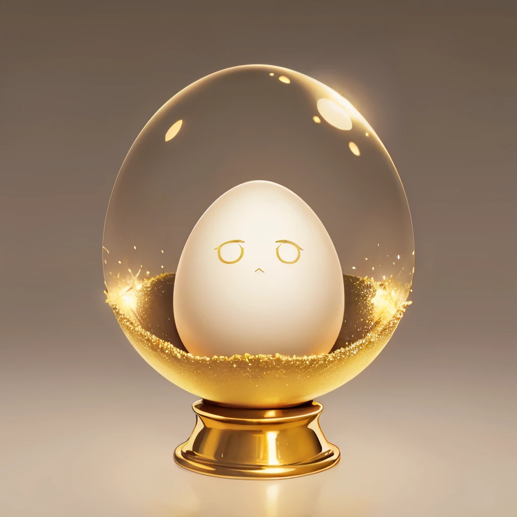 High resolution, (a golden egg:1.3),Glowing,on a beautiful decorated stand,The egg has wing,(face in the egg:1.3),Sad