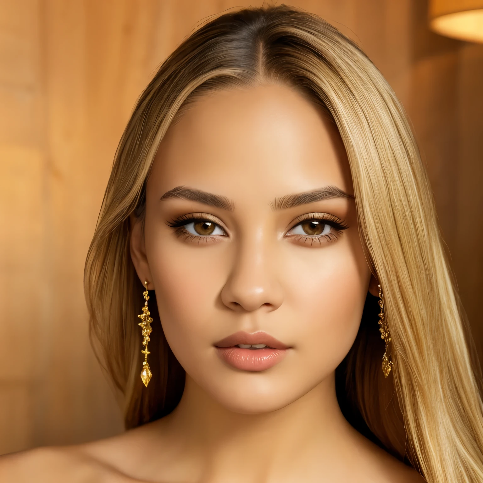 (masterpiece, best quality:1.2), 1girl, solo, (Best quality, ultra detailed) (portrait, beautiful detailed brown eyes, beautiful detailed lips, extremely detailed eyes and face), detailed skin, blonde hair, long hair, beautiful brown eyes, full lips, full body,