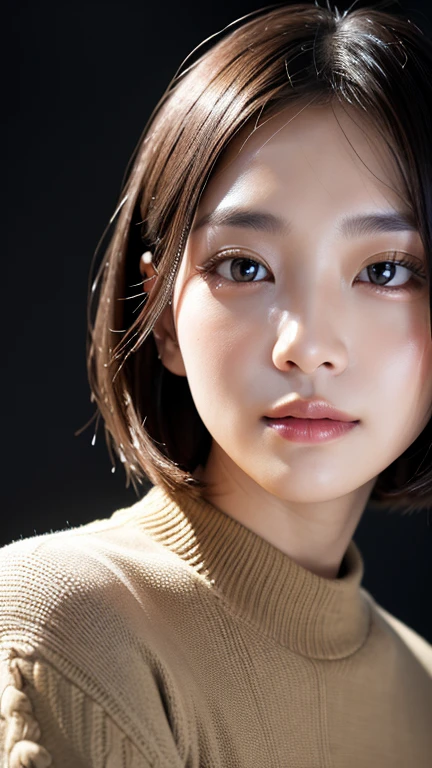 (((Close-up of face)))、(((Absolutely shoulder-length brown straight short bob)))、(((She is posing like a hair salon model, with a black wall indoors as the background.)))、(((Casual black winter long sleeves with shoulders covered)))、Half Japanese, half Korean、18 year old girl、Standing Alone、Looking forward、Light eye makeup、Brown Hair Color、Flat and 、Hair blowing in the wind、Actress Quality、Glossy, ultra-realistic face、Smiling face、Watery eyes、Gazing Up、Subtle lighting effects、 Ultra-Realistic Capture、Very detailed、High resolution 16K close up of human skin。Skin texture must be natural、The details must be such that pores can be clearly seen、The skin is healthy、Uniform tone、Use natural light and colors、A worn-out, high-quality photo taken by a model agency&#39;s in-house photographer.、smile、(((SIGMA 300 mm F/1.4,1/1000 sec shutter,ISO 400))) 