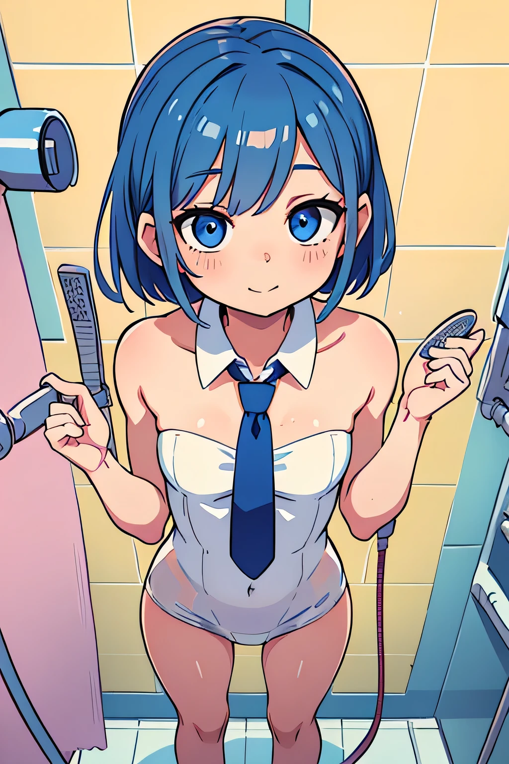 (Ultra bright color, Masterpiece, Best quality, blossom, Warm, soft light, modern, Hi-tech), 1 girl, One, standing, (In the shower background:1.4), beautiful detailed face, slight smile, (blue) Medium hair, (detailed (blue) Ruby eyes), young, blue tie, small breasts, fully naked, only in the locker

