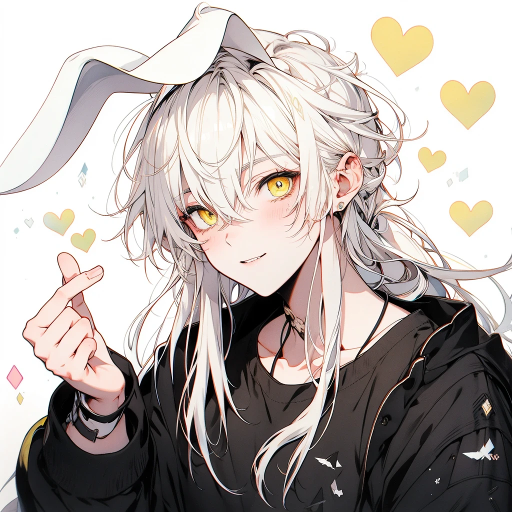 Clear line drawing, Transparent watercolor, Clear shading, Beautiful young man, White hair, Long hair, rabbitears、Yellow eyes, Black shirt, finger heart, Fashionable everyday wear, convey love, inner strength, ❤️, I love it,High quality, amount of drawing, pixiv illustration、A slight smil